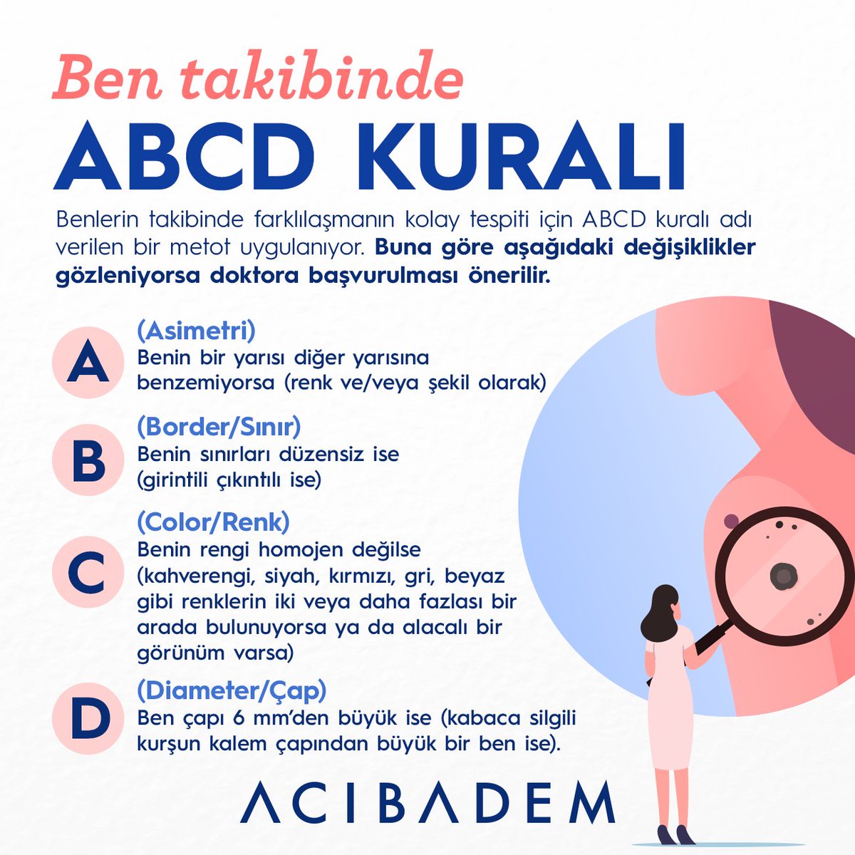 AcibademSaglik's tweet photo. Hemen herkesin vücudunda bulunan benler bazı durumlarda deri kanserine dönüşebiliyor. Yazın uzun süreli güneşe maruz kalmaktan kalıtsal özelliklere dek birçok etkenin yol açabildiği benler, takip altında tutulmalı ve ayna karşısında kontrol edilmeli. https://t.co/5TPCKoDHMn