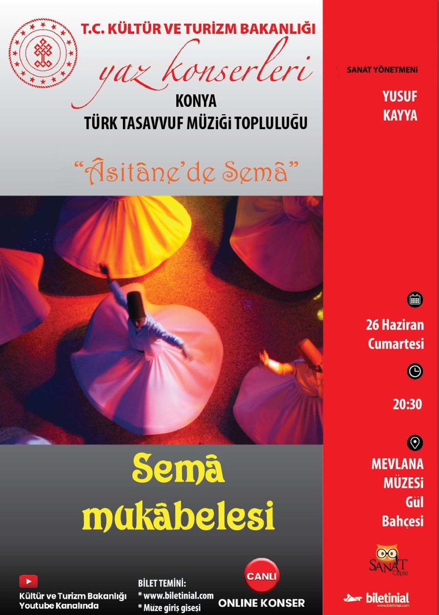 konyattmt's tweet photo. Topluluğumuz 26 Haziran Cumartesi saat 20.30'da, Mevlana Türbesi Gülbahçe Açık Semâ alanında sezonun ilk Semâ Mukâbelesini icra edecek.

Program Kültür ve Turizm Bakanlığı YouTube hesabında canlı olarak yayınlanacaktır. https://t.co/0OD8hvTWuc