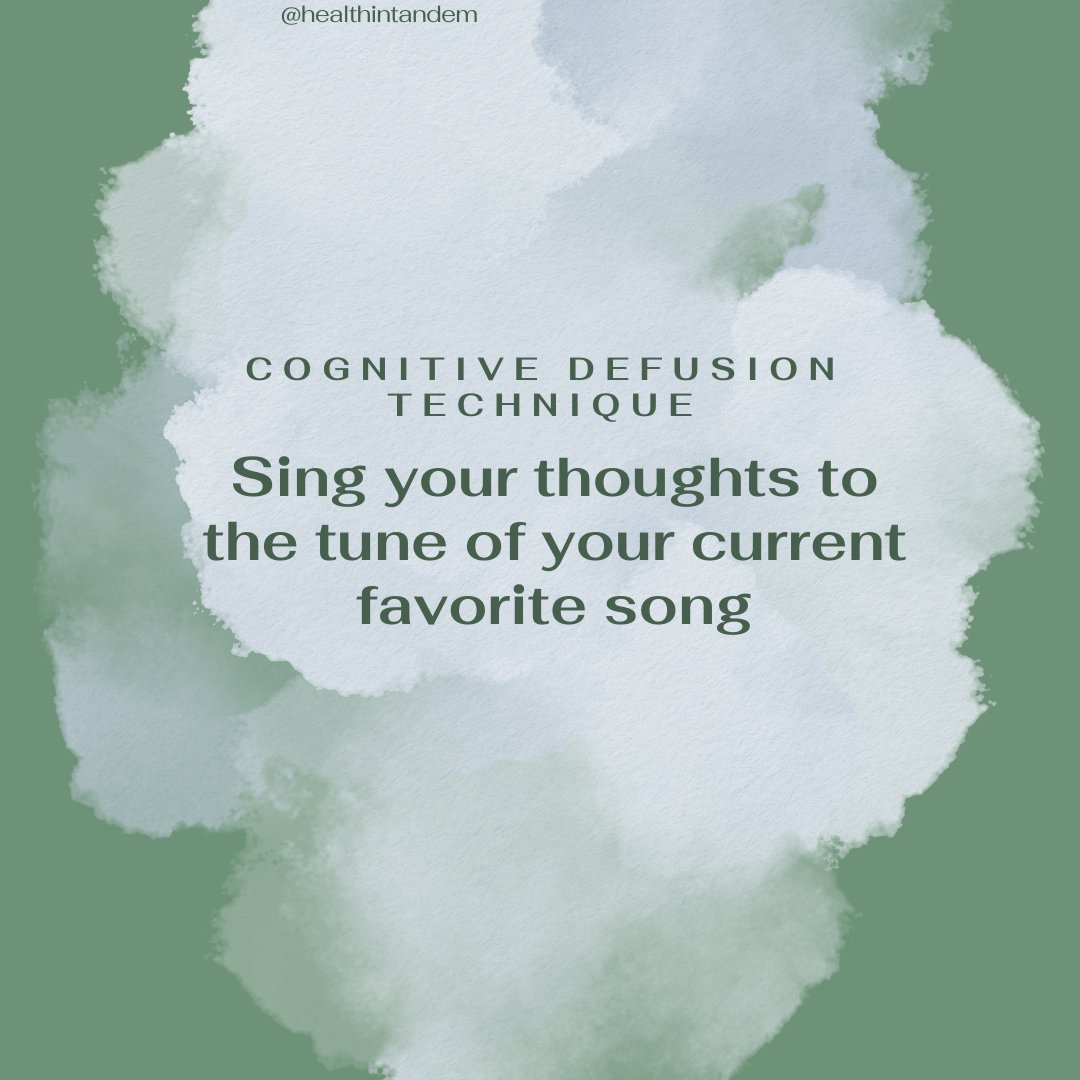 healthintandem's tweet image. Trying techniques like this can help us to hear, see, and think about the thoughts differently and in turn, lean into a more helpful, compassionate, or productive thought.

#cognitivedefusion #ACT #mentalskills #chicagocounseling #mindbody #psychoeducation #healthintandem
