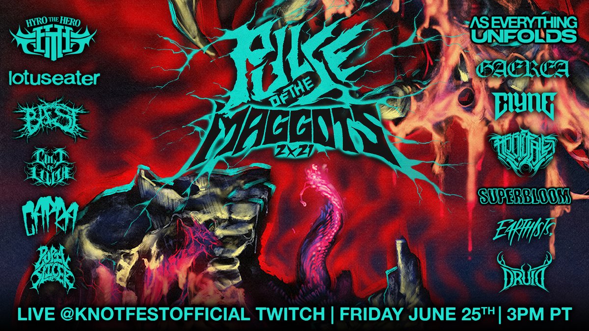 Later on today <a href="/KNOTFEST/">KNOTFEST</a>'s Pulse of the Maggots 2x21 stream goes live via <a href="/Twitch/">Twitch</a>. Featuring a live set from <a href="/PupilSlicer/">PUPIL SLICER</a> - who also have one hell of a cover song in store for you... 

Starting at 3PM PST / 11PM BST.

Stay gold, dears: twitch.tv/knotfestoffici…