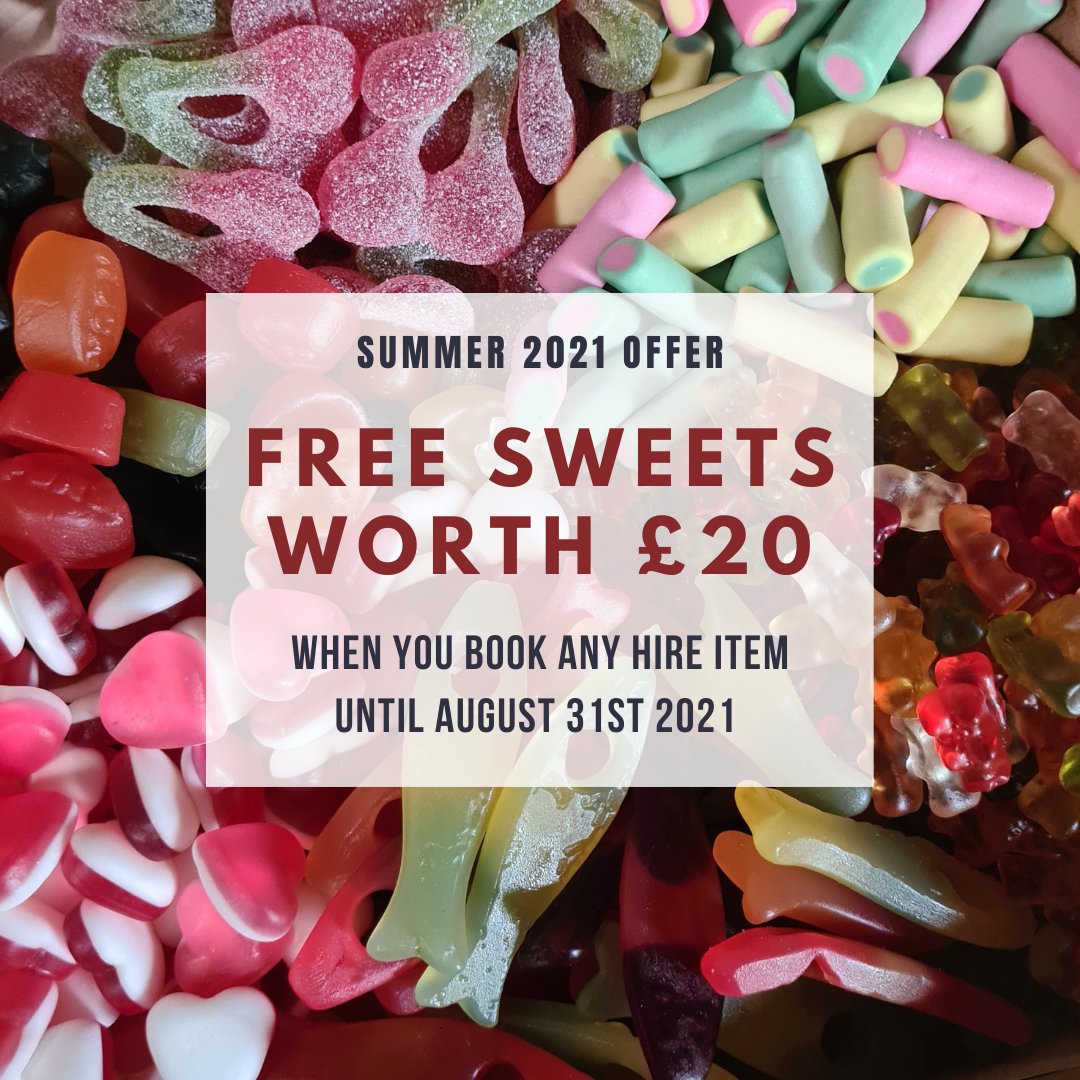 LetterboxSnacks's tweet photo. I am so excited that we can start getting back to normal soon! To celebrate I am offering this great deal.

Book any of my hire items until August 31st 2021 and I will throw in £20 worth of free sweets 🤩 https://t.co/ygbyKmGYGO