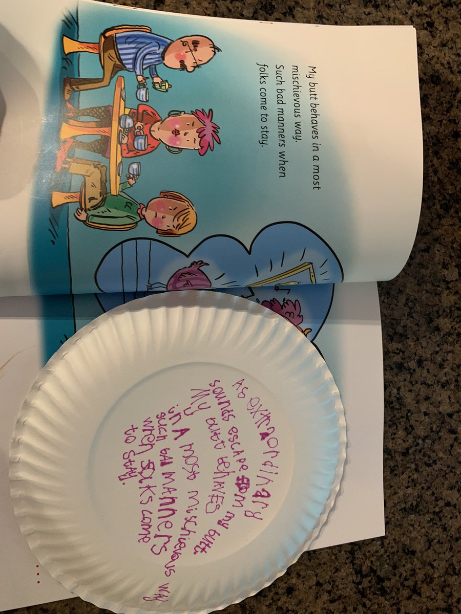 Found this paper plate and after a minute realized 5 is copying the words from her new favorite book My Butt is So Noisy 😂😂😂 #LittleE #DawnMcMillan #MyButtIsSoNoisy #readingisfun #momlife #parenting #girlmom