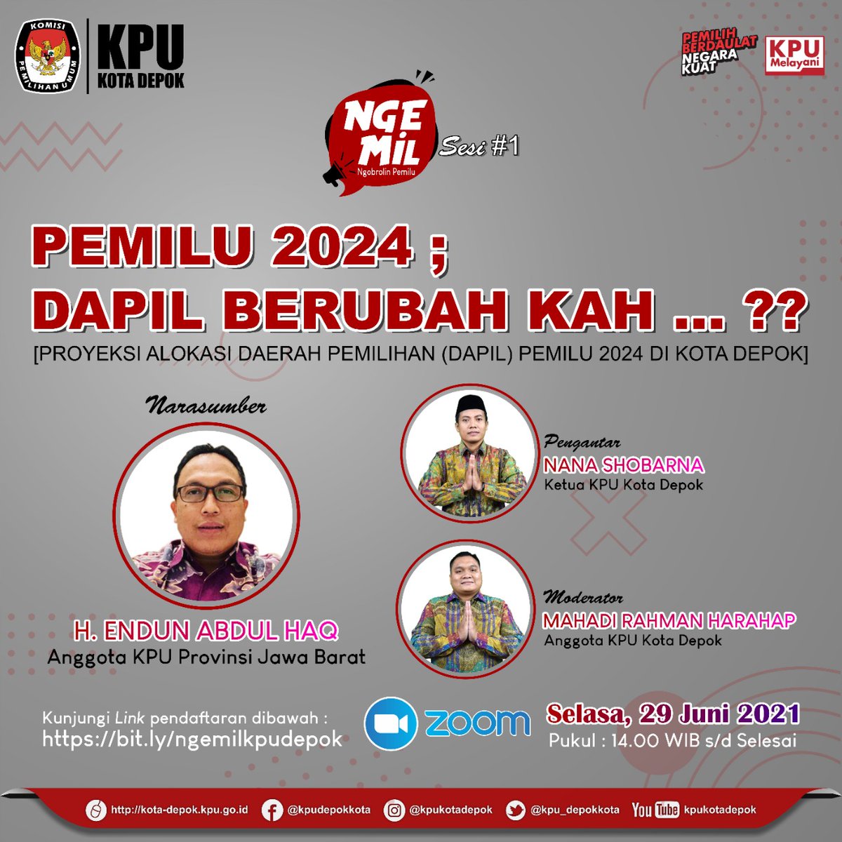 @kpu_depokkota mempersembahkan diskusi kepemiluan &amp; demokrasi Ngobrolin Pemilu (Ngemil) sesi#1 
"PEMILU 2024; DAPIL BERUBAH KAH?? 
[Proyeksi Alokasi Daerah Pemilihan (Dapil) Pemilu 2024 di Kota Depok]" 
Link Zoom bit.ly/ngemilkpudepok
terbuka untuk umum dan gratis E-Sertifikat