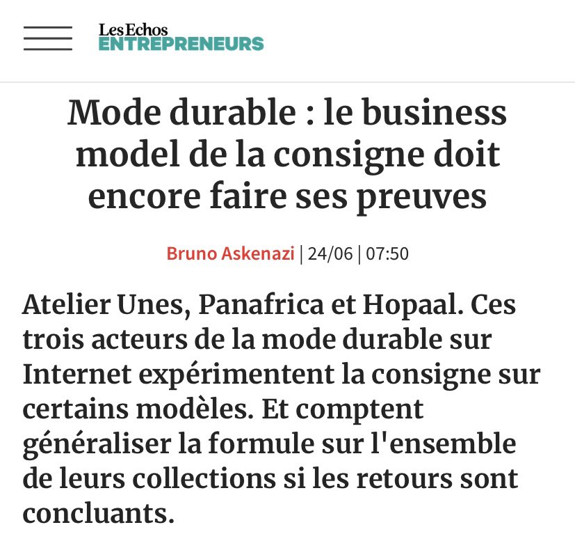 Notre modèle de consigne, totalement nouveau dans la #mode expliqué par <a href="/brunoaskenazi/">bruno askenazi</a> dans <a href="/LesEchos/">Les Echos</a> il reste du chemin, mais à côté de marques comme <a href="/atelier_unes/">atelier.unes</a> ou <a href="/Hopaal_/">Hopaal</a> nous apprenons et nous avançons