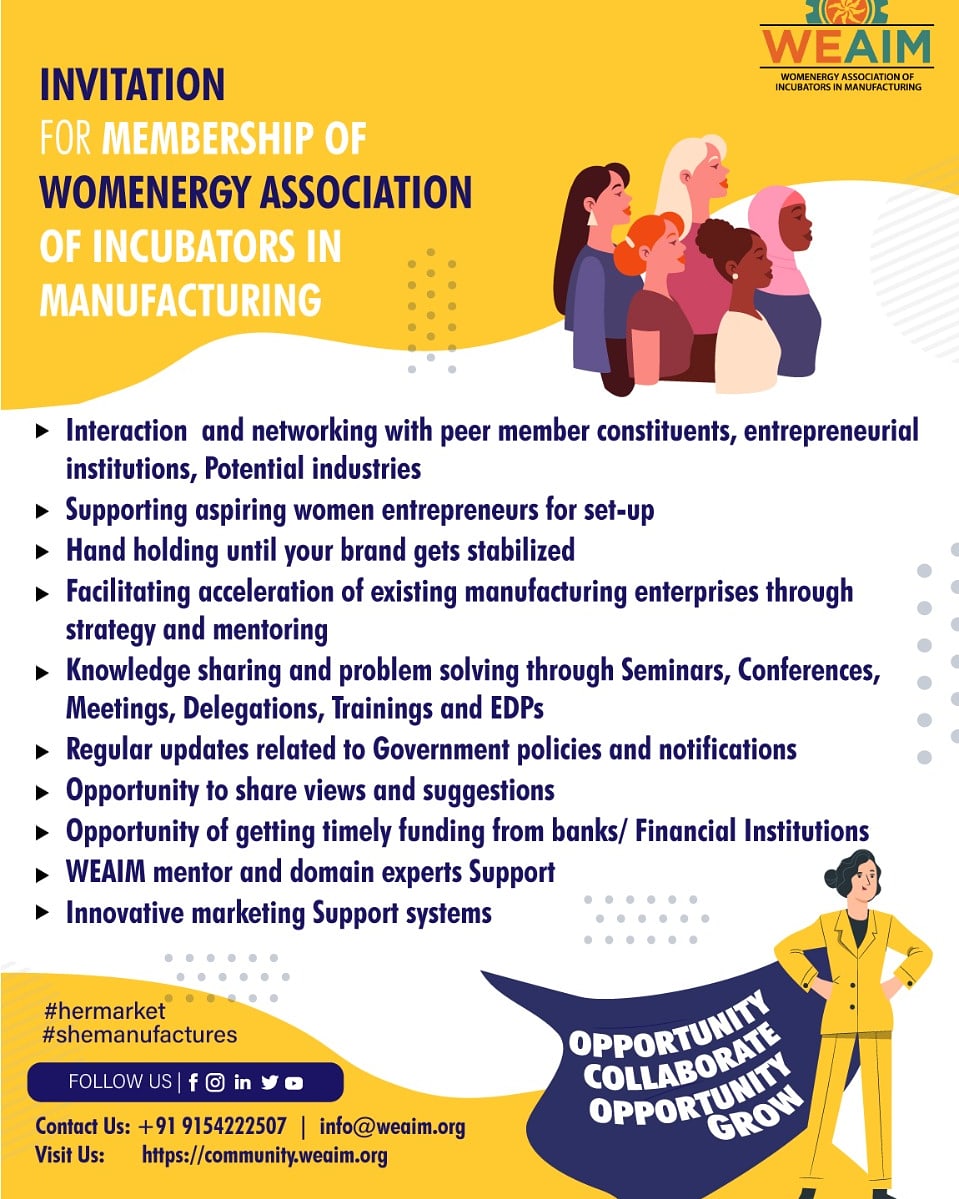 WeaimIndia's tweet photo. Opportunity to Collaborate, Opportunity to Grow.
Visit our website: https://t.co/e0mjwYhtkT
#opportunitytocollaborate #WEAIM #hermarket #shemanufactures #womenmanufacturers #startitscaleitcell #womenempowerment #womeninbusiness #womensupportingwomen #wemeet #founder https://t.co/oh7zqNZwmT