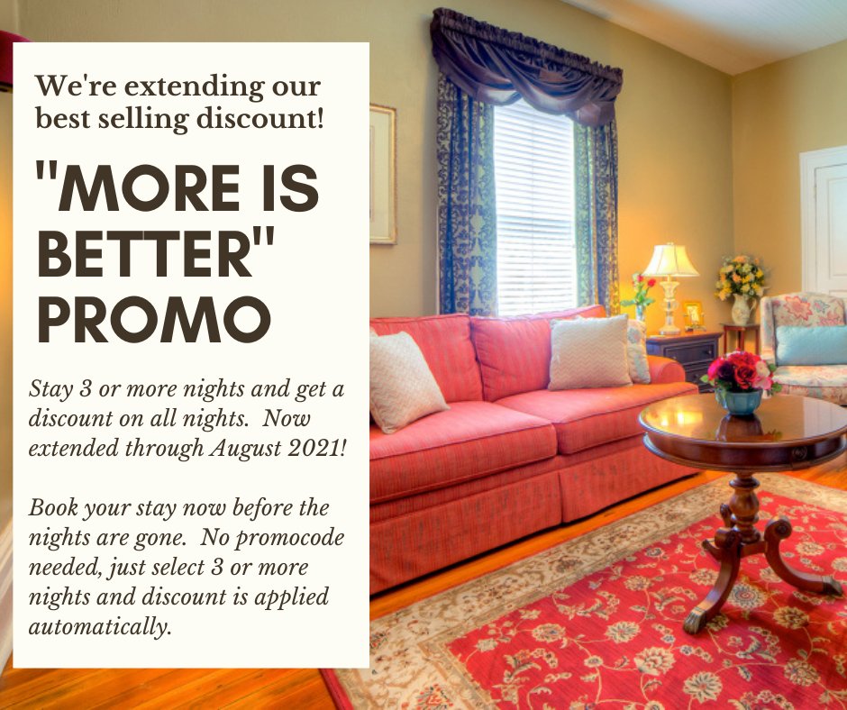 BlueRidgeInnBB's tweet photo. We're extending our best selling promotion - "More is Better".  Stay 3 or more nights and get a discount on ALL nights.  No promocode needed.  Just select a 3 or longer night stay and the discount is automatically added.  https://t.co/U6KEwRDx2B or call to book 706-661-7575 https://t.co/pPdRw6cYzK