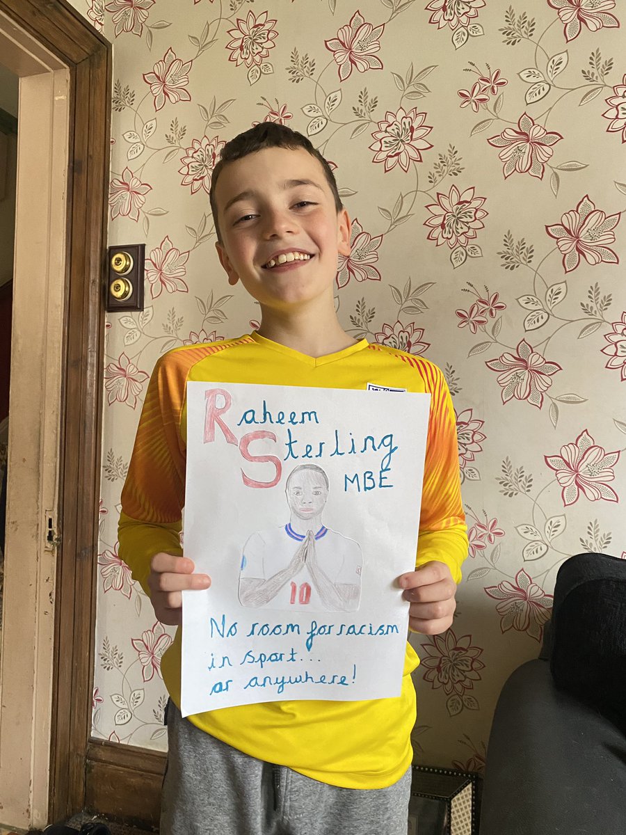 Jord_Edwards99's tweet photo. With black history month coming up in October my brother had to draw a poster of someone who inspires him for school, he chose @sterling7 I think it’s pretty good 💙🦁#eng #legend https://t.co/kSdFzS6omZ