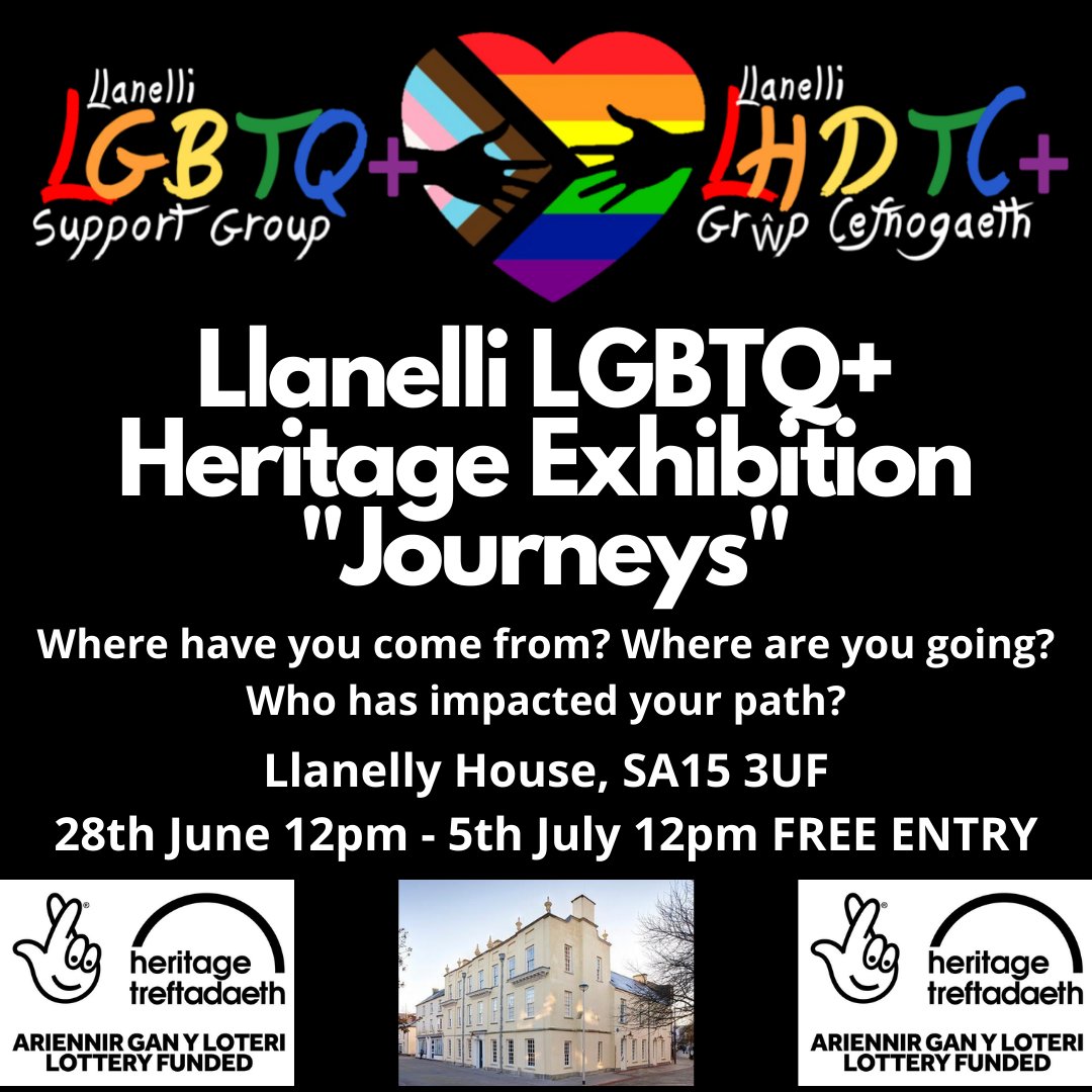 Thank you to <a href="/LlanellyHouse/">Llanelly House</a> for hosting us next week for our LGBTQ+ Heritage Exhibtion and to <a href="/HeritageFundUK/">The National Lottery Heritage Fund</a> <a href="/HeritageFundCYM/">Cronfa Treftadaeth y Loteri Genedlaethol</a> for your support over the whole project
#LGBTQHistory #Llanelli #Journeys #QueerHistory