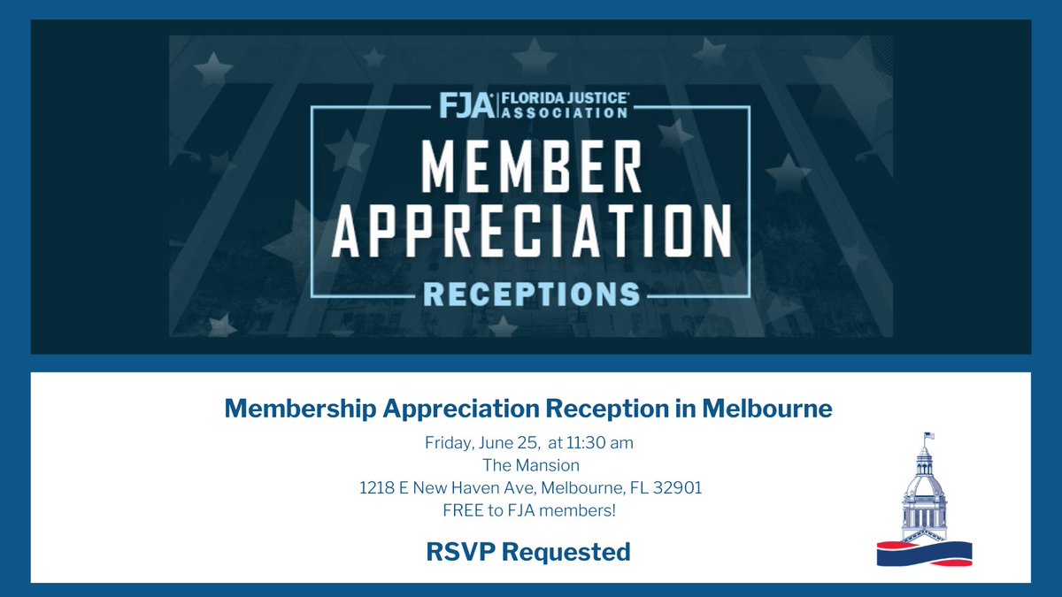 floridajustice's tweet photo. Our last Membership Appreciation event this week is TODAY at 11:30 am in Melbourne at The Mansion! Looking forward to closing out the week at a fantastic venue with fantastic people.
#membershipappreciation #floridajustice https://t.co/wFdMpDgMmx