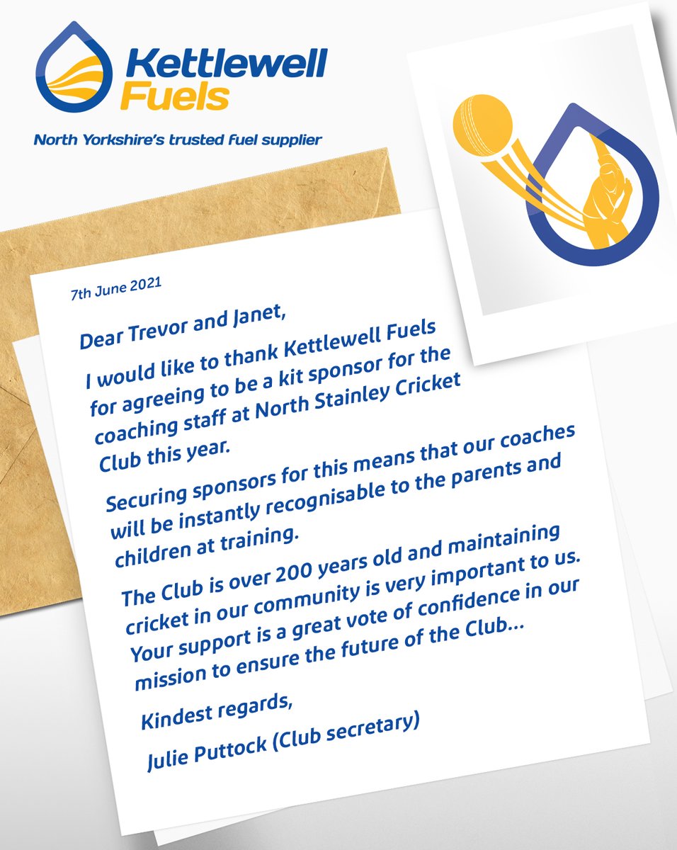 KettlewellFuels's tweet photo. We're proud to support @northstainleycc, thank you so much for your kind letter.

#Cricket #NorthYorkshire #NorthStainley https://t.co/hvjFW5t2Qs