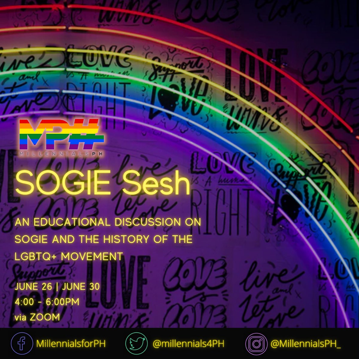 millennials4PH's tweet photo. Happy Pride, mga Mahal! ❤️🧡💛💚💙💜

Dahil Pride Month ngayon, gusto naming ibahagi ang kwento ng LGBTQ+ movement, ang SOGIE, at kung bakit ba ito mahalaga. 🏳️‍🌈✊🏽

June 26 | https://t.co/zDYeDJj5Xd
June 30 | https://t.co/c2dzb4Iv2K https://t.co/udJxHBqJog