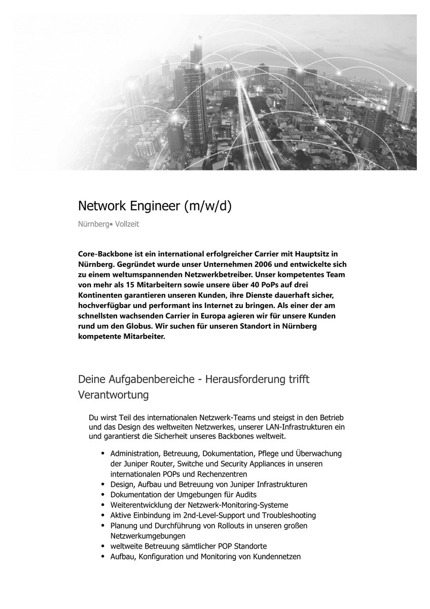 corebackbone's tweet photo. Wir suchen Network Engineer @corebackbone @network #IPTransit https://t.co/9fRZQsJqWV