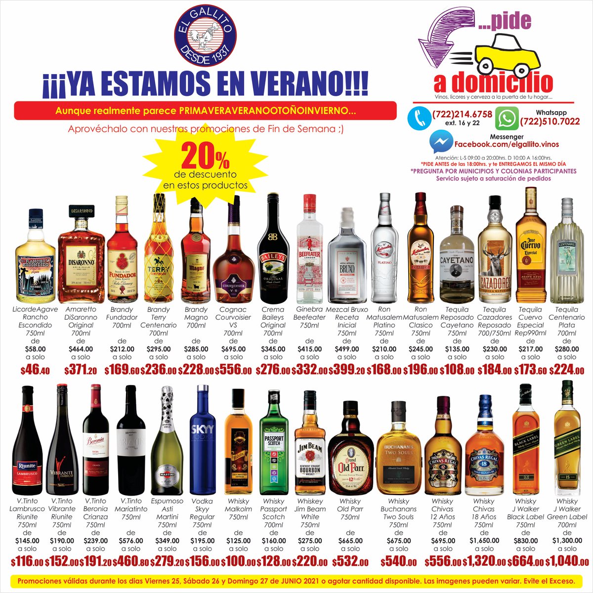 vinoselgallito's tweet photo. PROMOS DE FIN DE SEMANA AMIGALLITOS
#ranchoescondido #disaronno #brandyfundador #brandyterry #brandymagno #courvoisier #baileys #beefeater #bruxo #ronmatusalem #doncayetano #tequilacazadores #cuervoespecial #grancentenario #riunite #beronia #mariatinto #martini #vodkaskyy https://t.co/w9qMiYsFz4