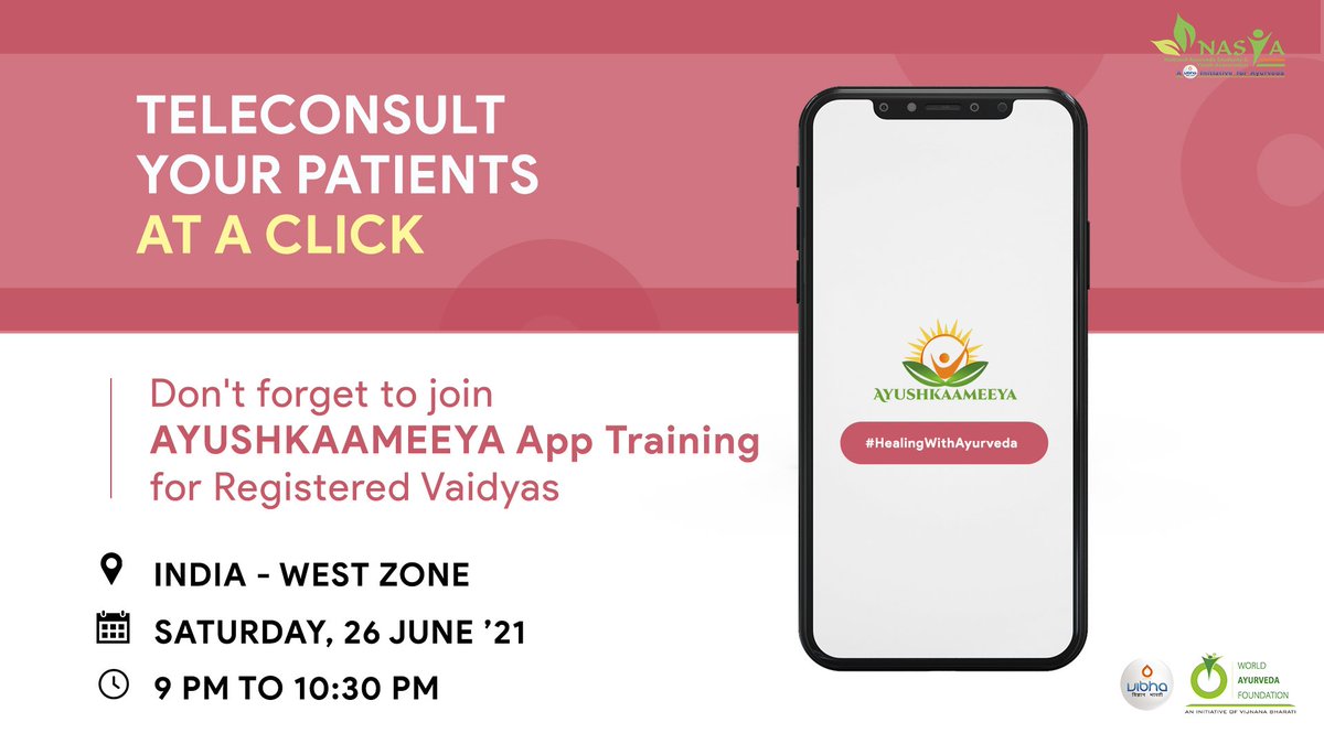 #Patients can now connect with our #Vaidhyas at a click!

If you are a registered Ayurvedic doctor with AYUSHKAAMEEYA, join our training program on #AYUSHKAAMEEYA App.

India- West Zone
🗓️ 26 June '21
🕒 9 pm

#HealingWithAyurveda #nasya #ayurvedamedicine #COVID19 
<a href="/moayush/">Ministry of Ayush</a>