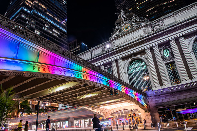 NYGovCuomo's tweet photo. In honor of #Pride and 10 years of Marriage Equality, landmarks across the State were lit last night in the colors of the pride flag.

Love always wins in New York. https://t.co/Rv7XaQky3M