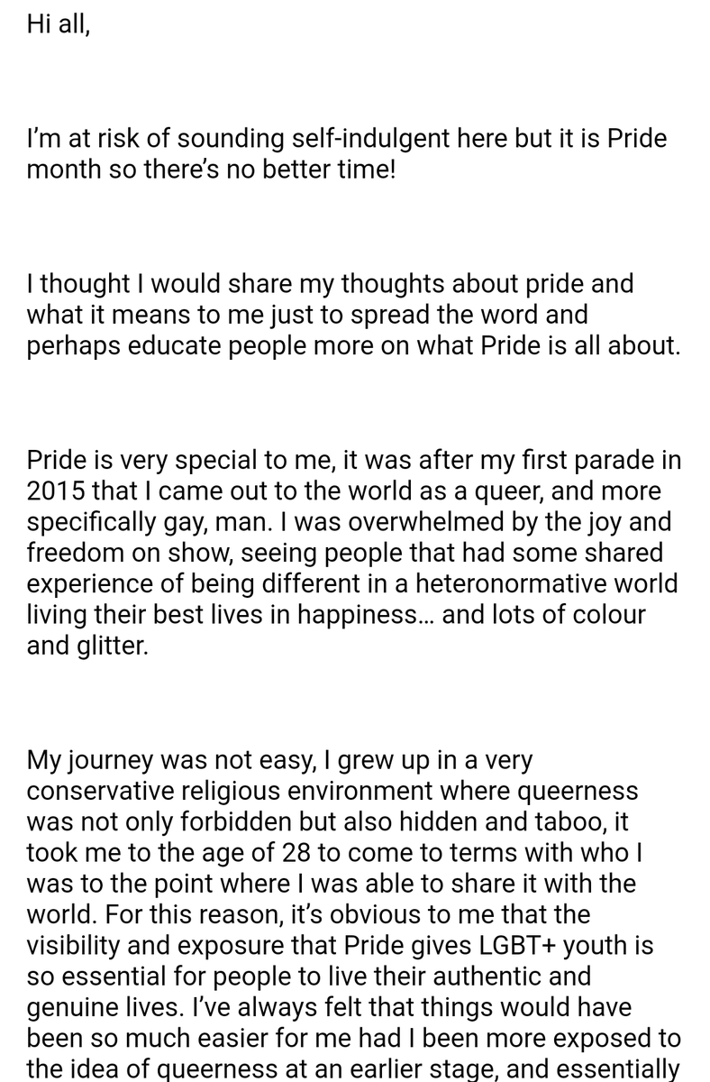 LoudOmar87's tweet photo. Returning to Twitter! My last post was, weirdly, Pride 2015 so this is very fitting. I decided to write an email to my work team about pride and what it means to me. Thought I'd share it with the world! 🏳️‍🌈 #pride #Pride2021 #mypride #gaysian https://t.co/aTEtAV4ayd