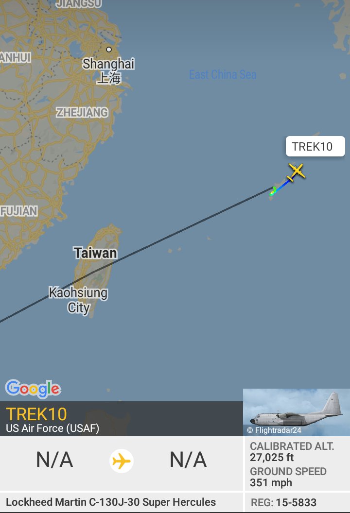 Oceanworldfree's tweet photo. 🇺🇲USAF TREK10 15-5833 #AE5DF6
flying over #Taiwan toward #Tokyo
#C130J https://t.co/uJtW47dIzg