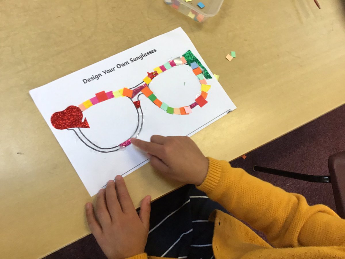 class_1p's tweet photo. Year 2 Beach Afternoon!
The children are having great fun decorating their sunglasses using different media like creating mosaic designs, paint pointillism , crayons and using felt tips. https://t.co/dcytplIKxQ