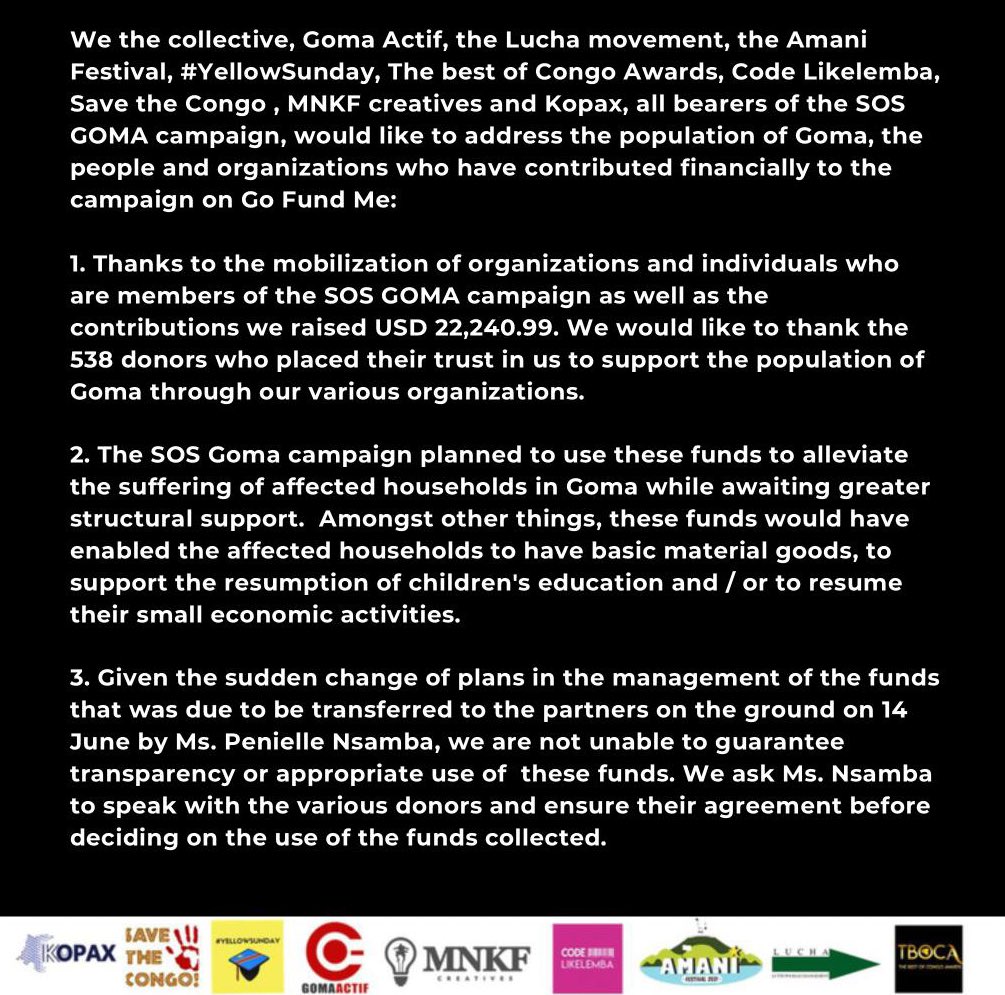 yellowsundaycd's tweet photo. Dear Family and friends, 

You asked us for the English version of our last update and we complied. 

Thank you so much for your patience and support.

- #SOSGoma Collective 💛💛

Follow this link to make your claim 👇🏾https://t.co/aJin3viszK https://t.co/rEOK3RqHoe