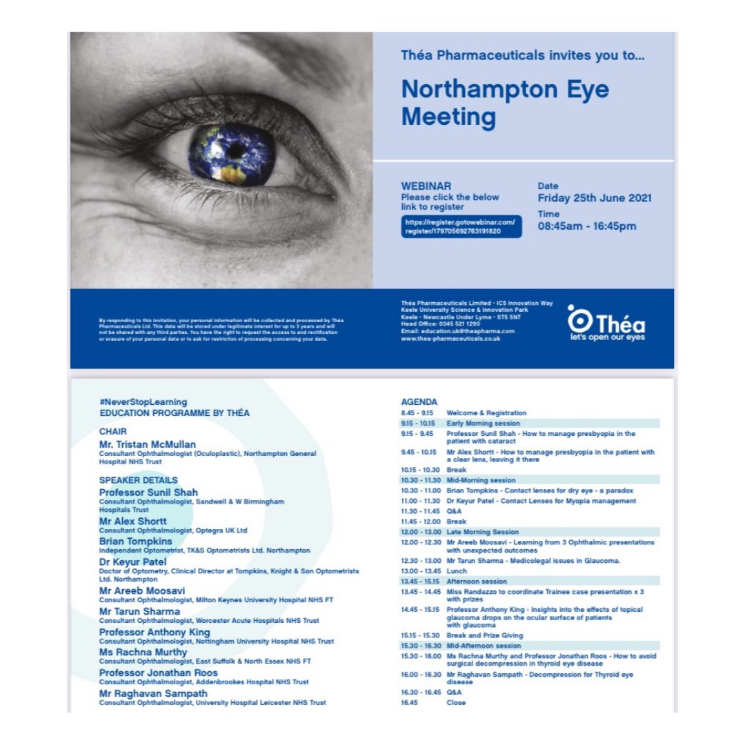 Delighted to be presenting at The Northampton Eye Meeting thank you Tristan McMullan and @theapharma U.K., on my decade of experience with #thyroideyedisease <a href="/CUH_NHS/">Cambridge University Hospitals NHS</a> and with <a href="/drjonathanroos/">jonathanroos</a> <a href="/facerestoration/">FaceRestoration.com</a> 
For young ophthalmologists do apply for the <a href="/TROPHYbyThea/">Théa TROPHY Contest</a> #eyecare