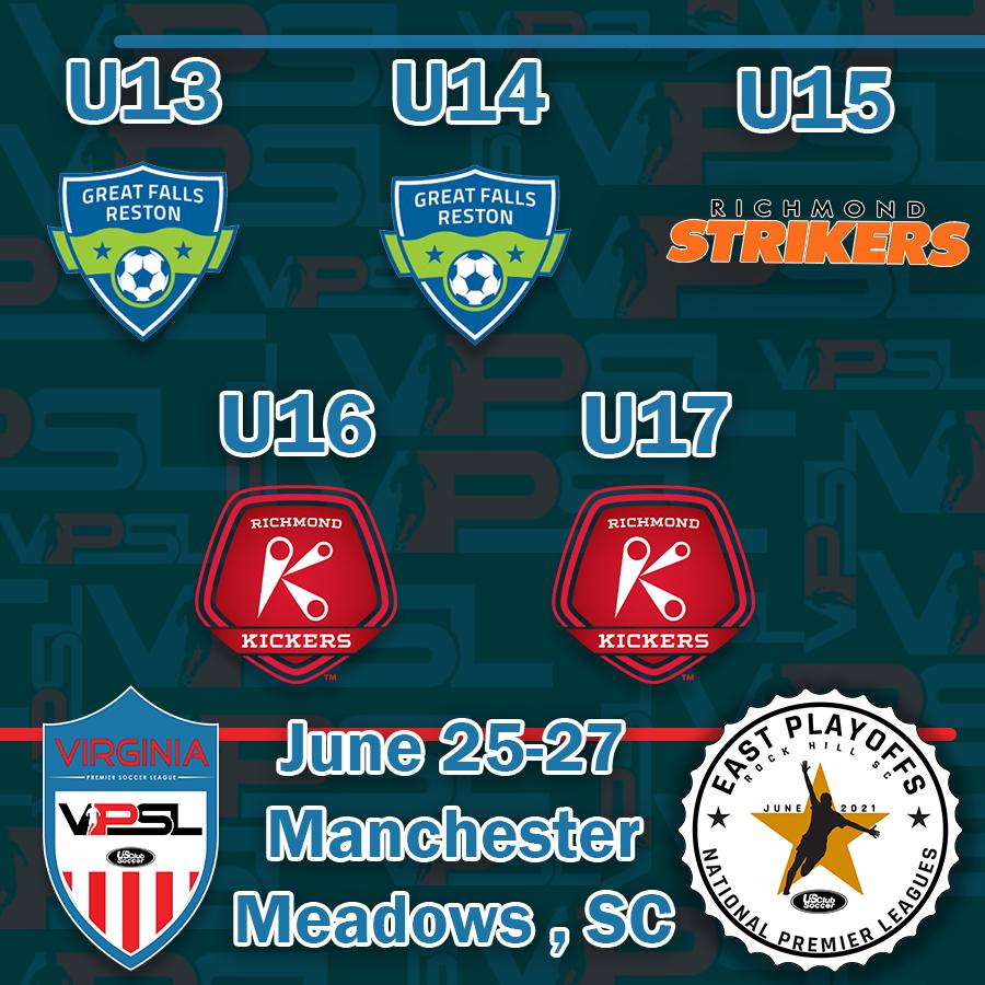 Good luck to the VPSL Boys squads who kickoff the NPL East Regional playoffs today in SC‼️ 
U1️⃣3️⃣ ▶️ <a href="/GFRsoccer/">Great Falls-Reston Soccer Club</a>
U1️⃣4️⃣ ▶️ <a href="/GFRsoccer/">Great Falls-Reston Soccer Club</a>
U1️⃣5️⃣ ▶️ <a href="/RStrikersClub/">Richmond Strikers</a>
U1️⃣6️⃣ ▶️ <a href="/RichmondKickers/">Richmond Kickers 🦘</a>
U1️⃣7️⃣ ▶️ <a href="/RichmondKickers/">Richmond Kickers 🦘</a>
#ReppingVPSL #roadtocolorado