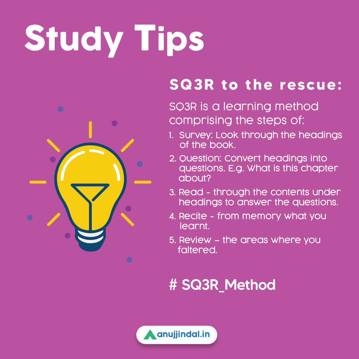 anujjindal01's tweet photo. The method was introduced by Francis P. Robinson, an American education philosopher in his 1946 book Effective Study.
#sq3r #sq3rmethod #francisprobinson #study #studytip #studytips #studytricks #studymotivation #studyhacks #anujjindal https://t.co/7JAspNHrKO