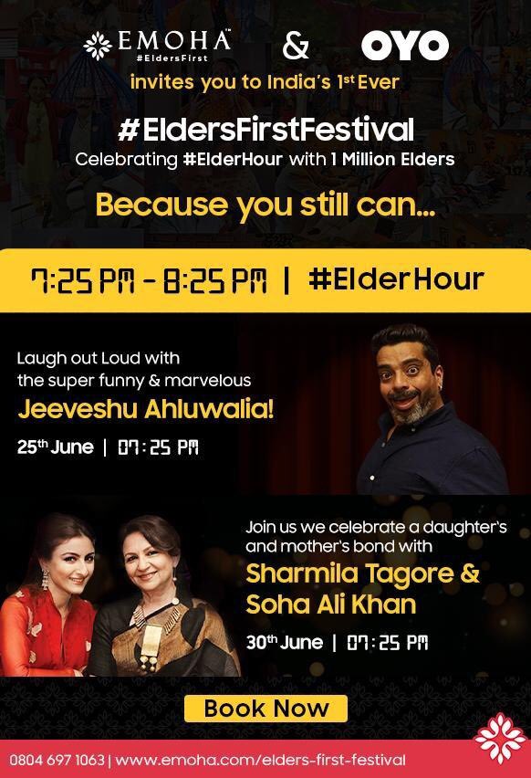 LAUGH OUT LOUD with the hilarious – Jeeveshu Ahluwalia, TODAY on Emoha’s #ElderHour at India’s 1st ever #EldersFirstFestival, at 7:25 PM. Brought to all wonderful OYO Elders <a href="/oyorooms/">OYO</a> by our eldercare partner Emoha <Click to join at bit.ly/3xhvHck> or call at 08046971063