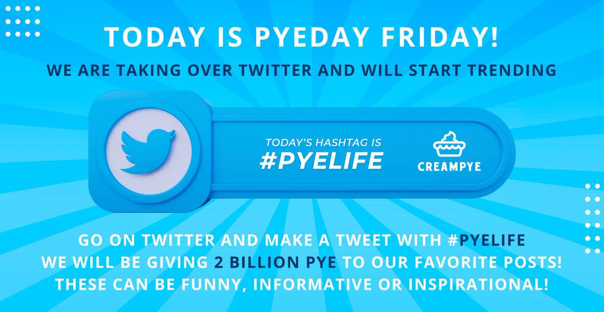 PyeProtocol's tweet photo. It is officially PYEDAY FRIDAY!
Today, make a tweet using #PYELIFE
As always, we will be giving away FREE $PYE to our favorite tweets that are funny, informative, or inspirational! π₯§π
#creampye https://t.co/0N84RPddmv