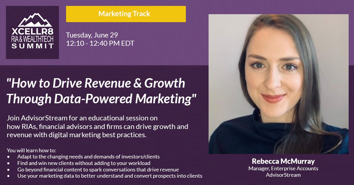 finlocity's tweet photo. Register today for the 2nd Annual XCELLR8 RIA & WealthTech Summit and learn best practices for data-powered marketing #AI #Marketing #Social Media with Guest Speaker Rebecca McMurry, Manager, Enterprise Accounts, #AdvisorStream
Register Here https://t.co/AjnLrPiL7d https://t.co/7dovVUracx