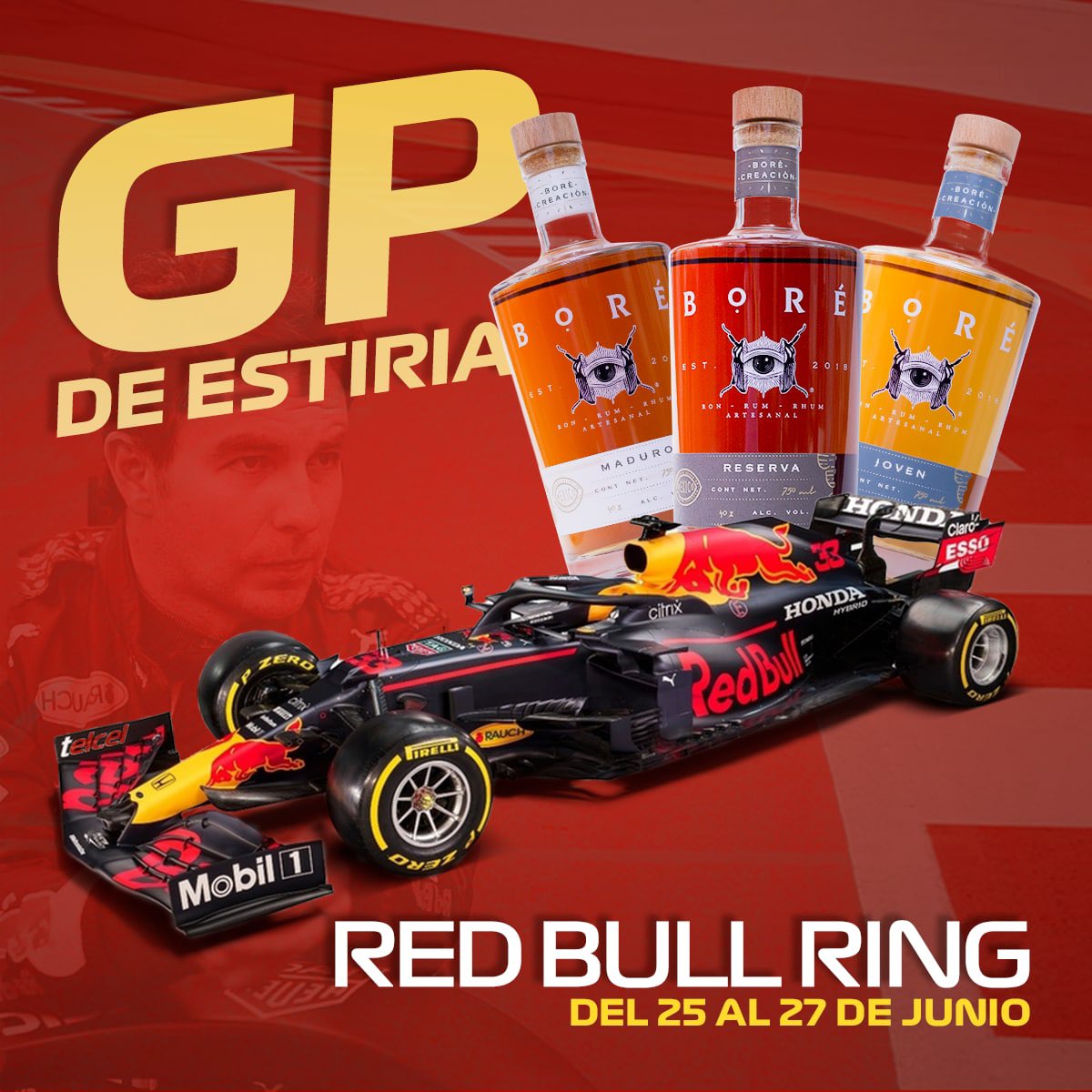 borerum's tweet photo. Pasión por lo mexicano, suerte @SChecoPerez en el #StyrianGP @redbullracing #F1 #RonBore #elRondeMexico #ConToroCheco #Mexico #AustrianGP #ron #rum #rhum https://t.co/ZiuO82CCDK
