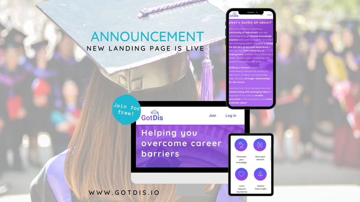 gotdis_io's tweet photo. Weโre excited to launch the new landing page for https://t.co/5SlhipGXoq ๐ฅณ
Designed to help #students & #graduates network with established #professionals to overcome #career barriers ๐
Help us close the #relationshipgap & improve #socialmobility ๐ค๐
#edtech #startups https://t.co/lyW6WzQvbj