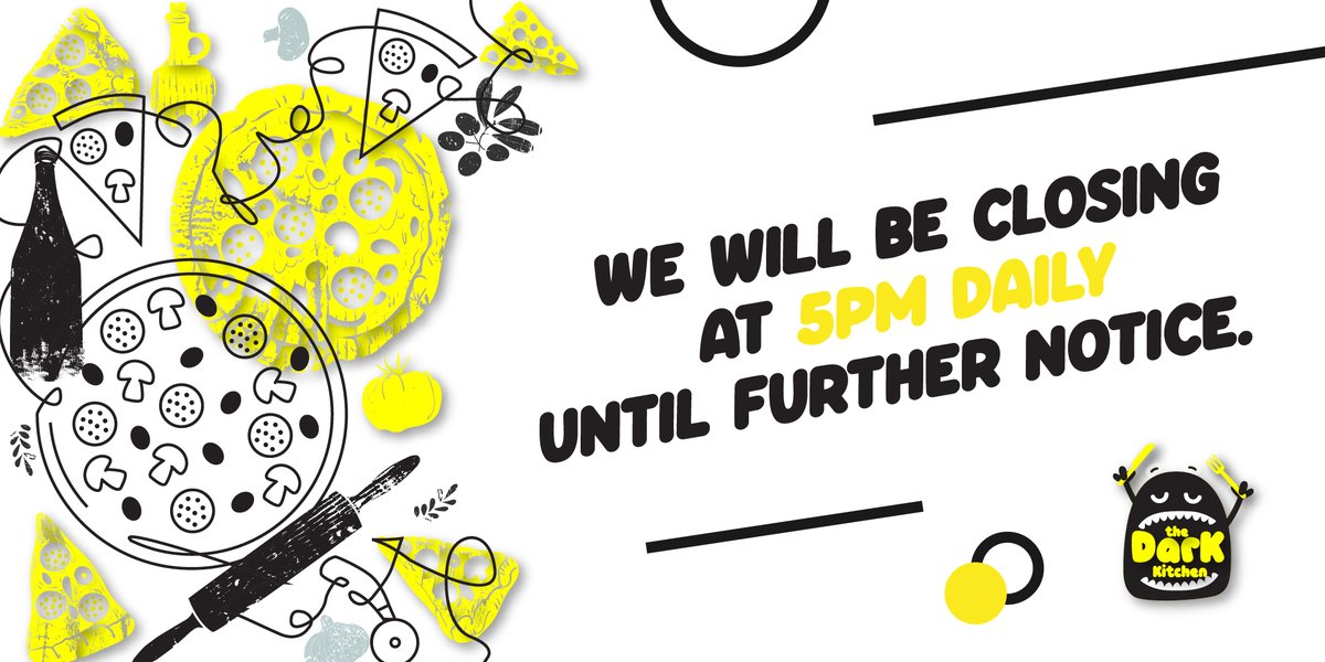DarkKitchenJHB's tweet photo. With the safety of our guests and staff in mind, we will be closing at 5 pm daily with immediate effect until further notice. 

See you soon! https://t.co/0VzUaeaOky