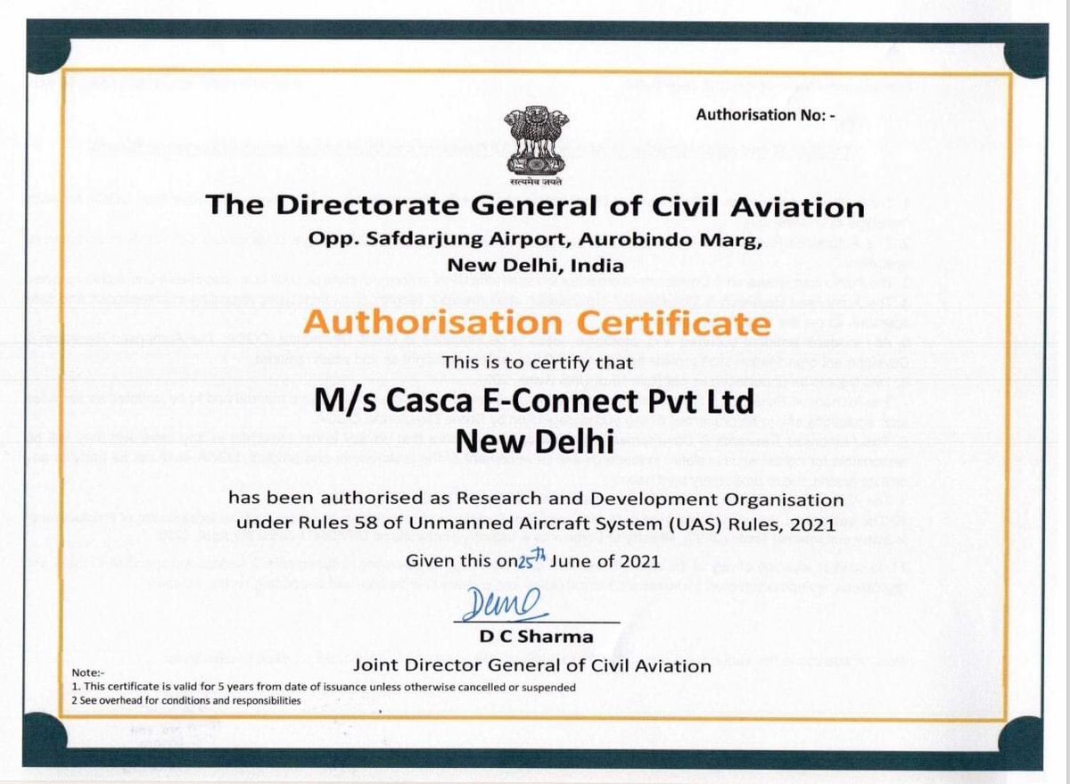 ajayidt's tweet photo. We are delighted and proud to announce that, Casca E - Connect Pvt Ltd has received authorization certificate for Research &amp; Development as per the Rule 58  of UAS Rule 2021. 
#godrona #cascaeconnect #Drones 
@cascaeconnects @godronaofficial @tidtofficial @jyoticasca https://t.co/SogHI25Hlf
