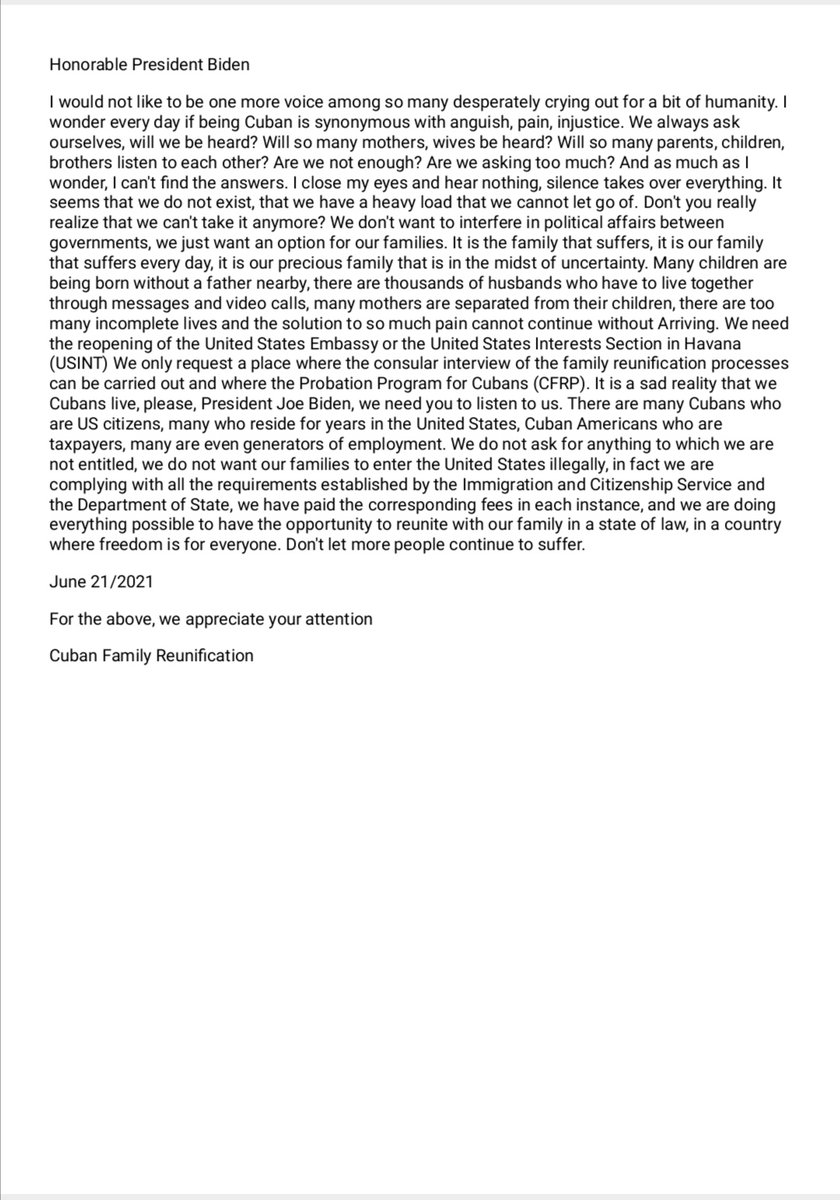 LaFamiliaEsTodo's tweet photo. Carta abierta para el presidente @POTUS #SosCubanFamily 🇺🇲🇨🇺
@CubitaNow @CiberCuba @23yflagler @BoentesT51 @mleganoat51 @MVallejoTV @MarioJPenton @Cubanoselmundo @martinoticias @camafs @CNN @TheDemocrats @WhiteHouse @nytimes @FoxNews @CubansFamily @CFRPtweet @StateDept https://t.co/eROFYuNnjO