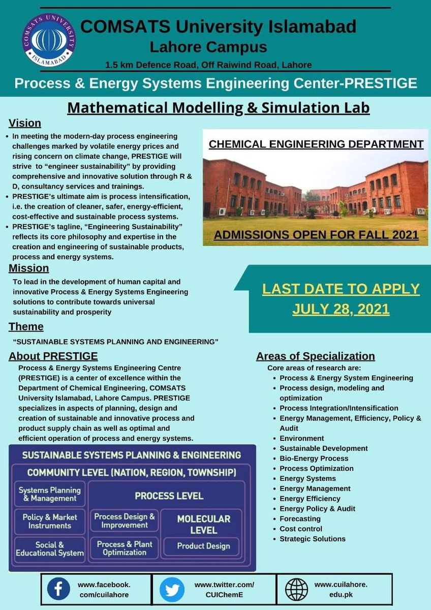 CUIChemE's tweet photo. Admissions Open
>BS Chemical Engineering
>MS Chemical Engineering
>PhD Chemical Engineering
>MS Energy & Environmental Engineering program
at COMSATS Lahore campus for Fall 2021 session
Form Submission Deadline: 28 July 2021
https://t.co/3v51tdNRGK
#joincomsats #JoinChECUI https://t.co/HOu5VjOztT