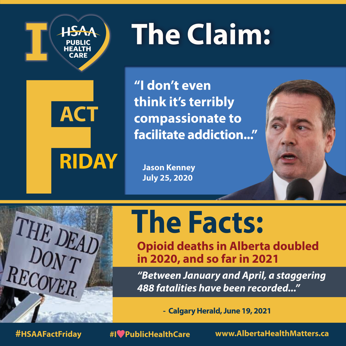 HSAAlberta's tweet photo. "I don't even think it's terribly compassionate to facilitate addiction..." - Jason Kenney, July 25, 2020
#IHeartPublicHeathCare #HSAA #abhealth #abpoli #ableg #HSAAFF #FactFriday https://t.co/v3rsIT3G0b