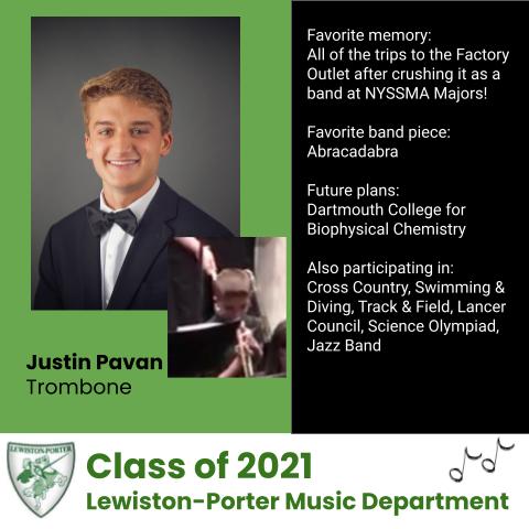 LewPort_Music's tweet photo. Today we honor the 2021 Salutatorian, Justin Pavan! Justin is a fantastic trombonist who has been an enthusiastic leader of his section.  He is a tremendous athlete and student, and a kind, wonderful person! We will miss him greatly! Best of luck Justin! https://t.co/i67JdUfraR