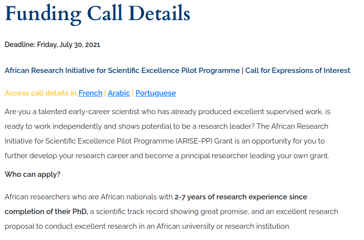 Amazing opportunity for early career researcher (2-7 year research experience since PhD) in all disciplines! Yes, even Humanities and Social Sciences!! aasciences.africa/call/arise 500K Euro for up to 5 years. Please advertise widely 
<a href="/AfricArxiv/">AfricArXiv</a>
<a href="/DHAfricaNetwork/">DHAfrica</a> <a href="/AngeliquePhd/">Angelique Trusler</a>