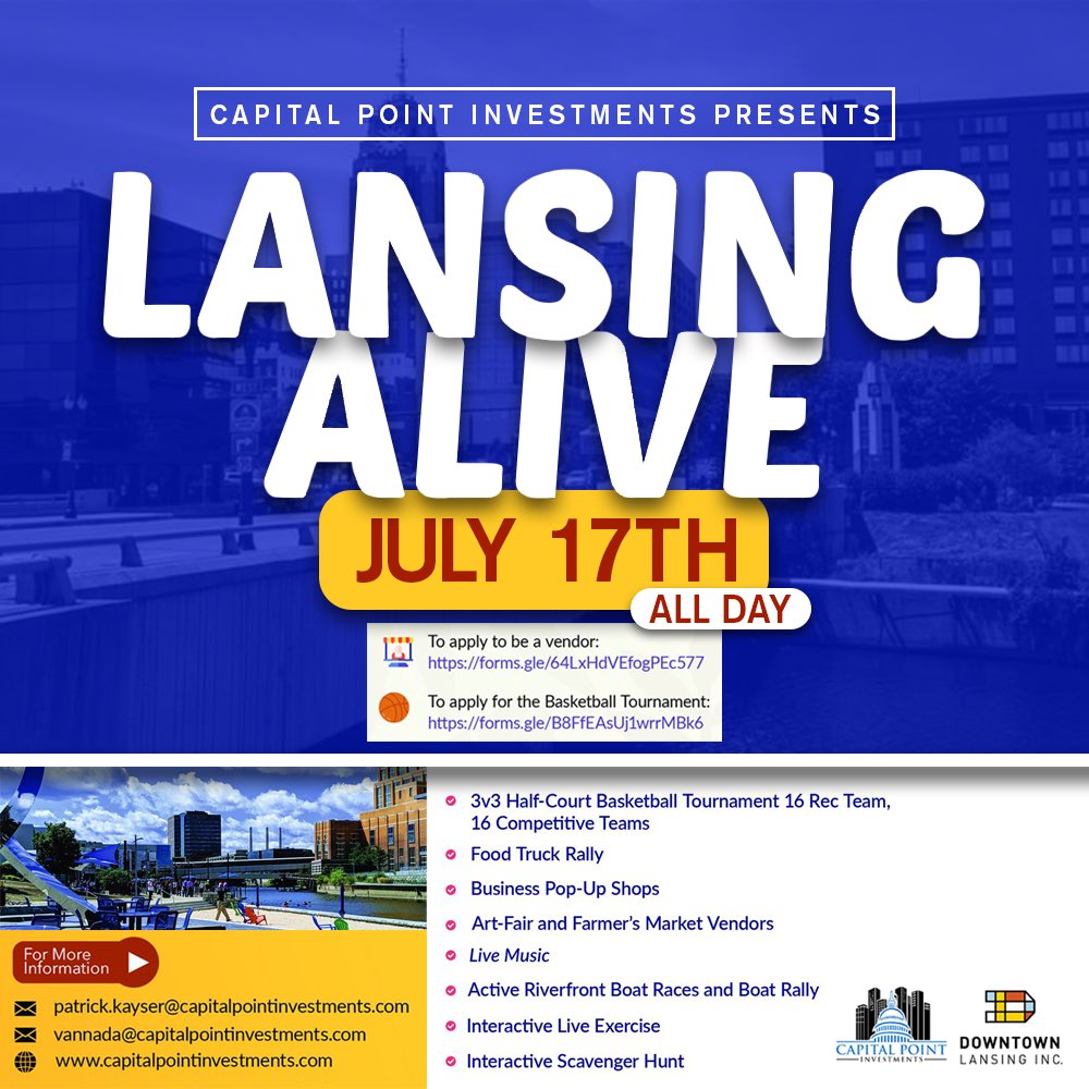 LansingClothing's tweet image. Check us out @ The "Lansing Alive Event". Saturday, July 17th (10am - All Day) @CapitalPointIn1 , in partnership with @downtownlansing Inc., invites you to see the many ways in which Downtown Lansing is Alive with opportunity, fun activities, &amp;amp; demand for economic growth