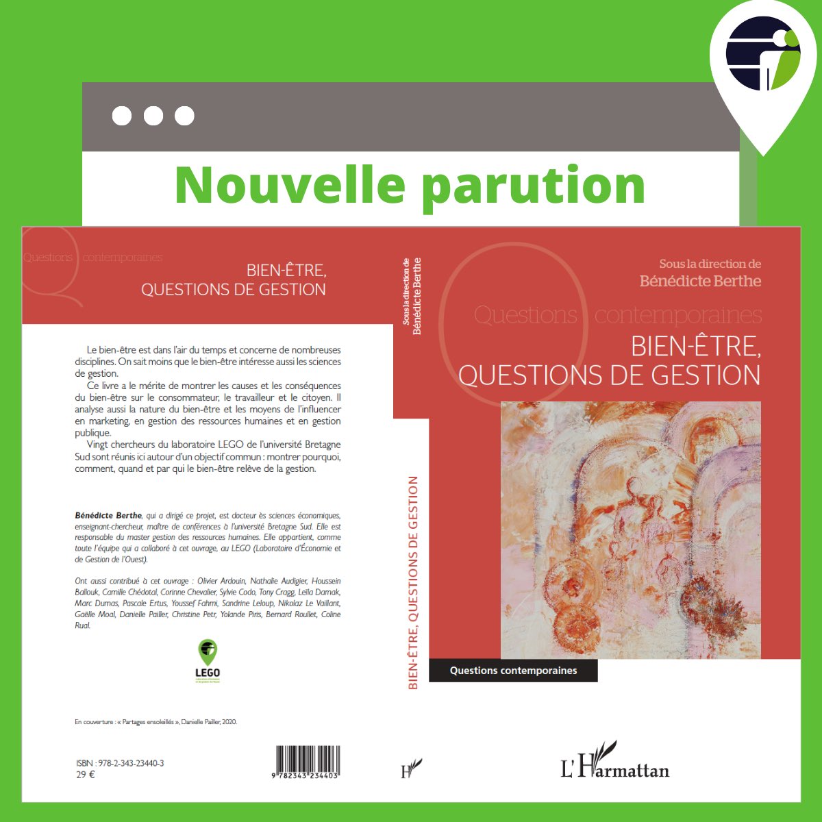 🙋‍♂️📖 Nouvelle #parution : « Bien-être, questions de gestion » 

Après un an de travail collectif, nous sommes heureux de vous annoncer la sortie de notre #ouvrage. Dirigé par Bénédicte Berthe, ce projet a regroupé 20 #chercheurs du LEGO 👏

Bonne lecture ! 

#bienetre #gestion