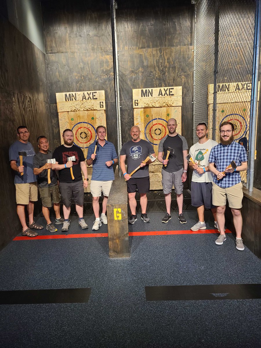 objectpartners's tweet photo. Like true Minnesotans, axe throwing was the team-building, stress-relieving activity of choice for two of our consultant groups. It was fun to get together in person, but more importantly, everyone’s axe throwing skills improved markedly, Steve Banks won, and no one was hurt. https://t.co/e2sqtc3Zd9