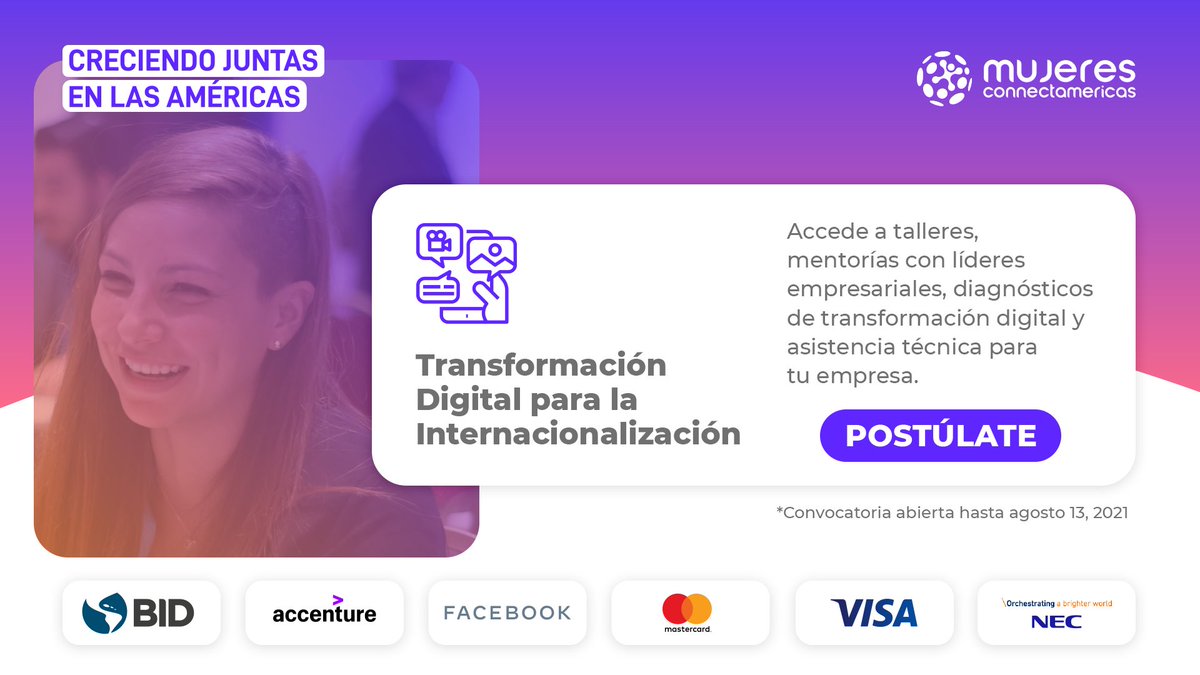 La #transformacióndigital es una vía para la internacionalización de las empresas. Creciendo Juntas es un reto de <a href="/connectamericas/">ConnectAmericas</a> para hacer más accesibles tecnologías de la información y dar oportunidades a MIPYME lideradas por #mujeres. Para postularse: bit.ly/CAMujeres_ES