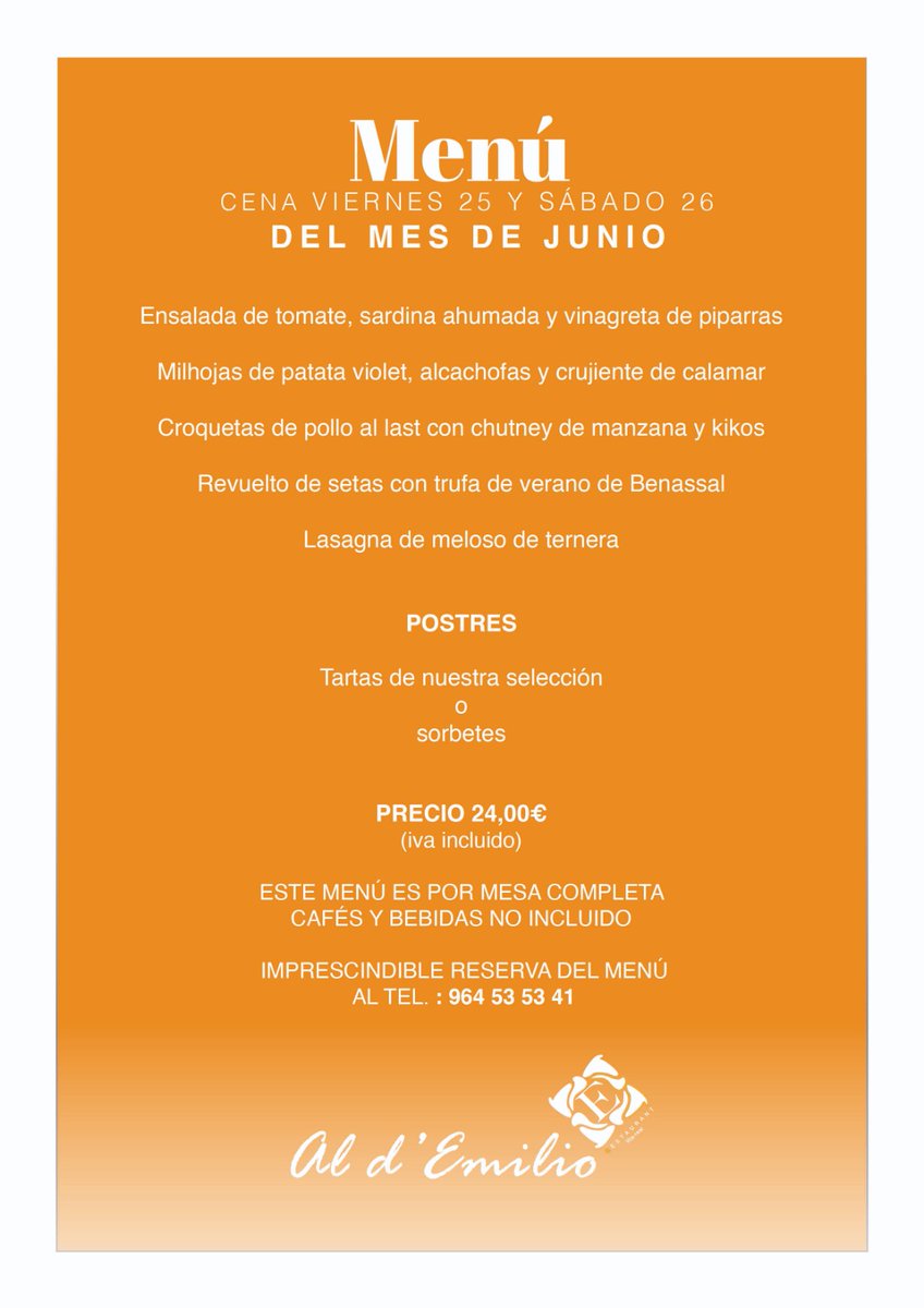 Nuevos platos en nuestro menú de cenas del fin de semana. Exclusivamente para Viernes y Sábado. Disponemos de terraza en zona peatonal.
Imprescindible reserva de mesa.
📞 964535341