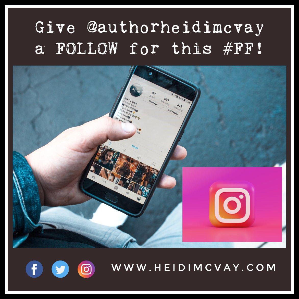 heidiemcvay's tweet photo. Happy Friday!  Give me a follow for #FF over on @Instagram if you're my Instapeeps. 😂  

FOLLOW➡️https://t.co/jzNtxIzxhr✅

#FollowFriday #fridayvibes #romanceauthor #authorsoninstagram #amwriting #TGIF https://t.co/agPlo2pHL0