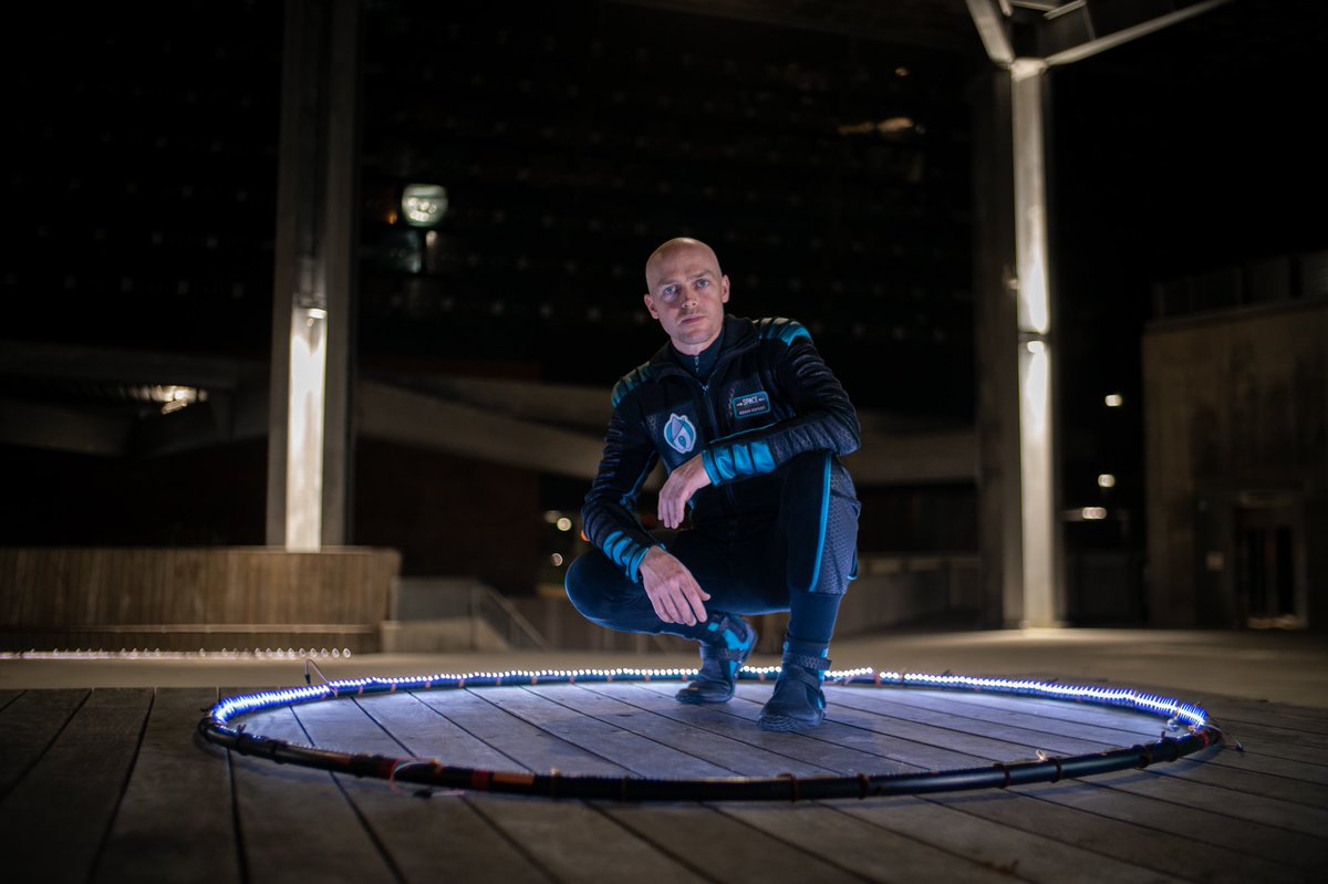 thespacejuggler's tweet image. Lighting the Space Juggling videos was a huge challenge!  

The ring shown has 450 individually addressable LEDs on the ring which could be remotely controlled by the sensor (posted yesterday).  

That was also implemented using an Adafruit ESP32 Huzzah Board and Arduino IDE.