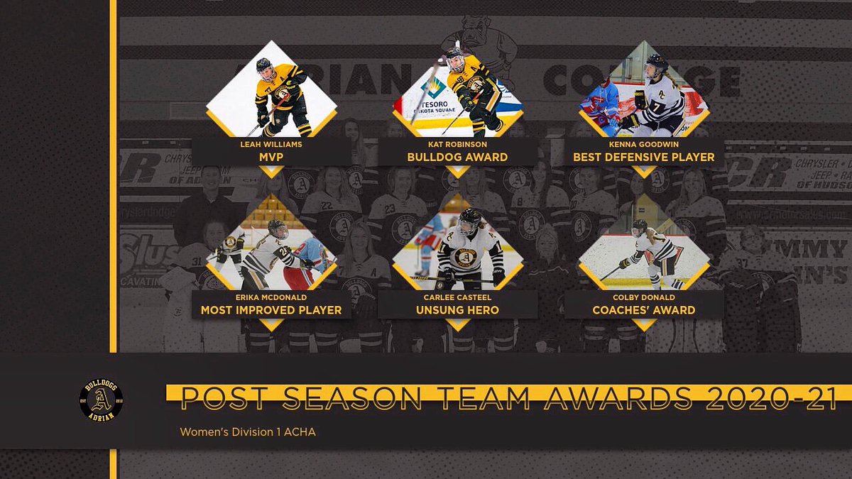 AdrianWD1Hockey's tweet photo. Congratulations to the recipients of our 2020-21 Season Team Awards! 🏆#GDTBAB

MVP - Leah Williams 
Bulldog Award - Kat Robinson
Best Defensive Player - Kenna Goodwin
Most Improved Player - Erika McDonald
Unsung Hero - Carlee Casteel 
Coaches’ Award - Colby Donald https://t.co/Qt2bi4U7Ll