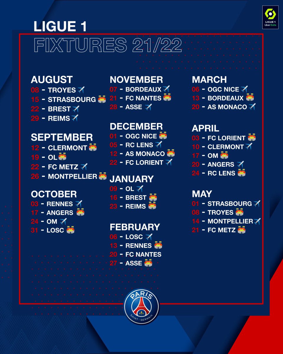 Paris Saint Germain On Twitter A Reminder Of Psg English S Fixtures For The 2021 22 Season