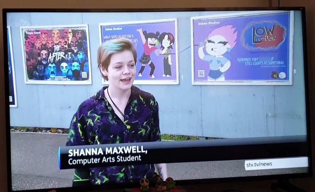 GenuineSparkyTM's tweet photo. I have finally out done my "Too edgy for @AbertayUni (social media)" title! 
Now it's "Had to have my work censored on @STVNews while I grinned in front of it"

I don't care that we didn't get nominated for an award, this is THE achievement of my academic career!
#ADGS2021 https://t.co/nDNEQU70d0