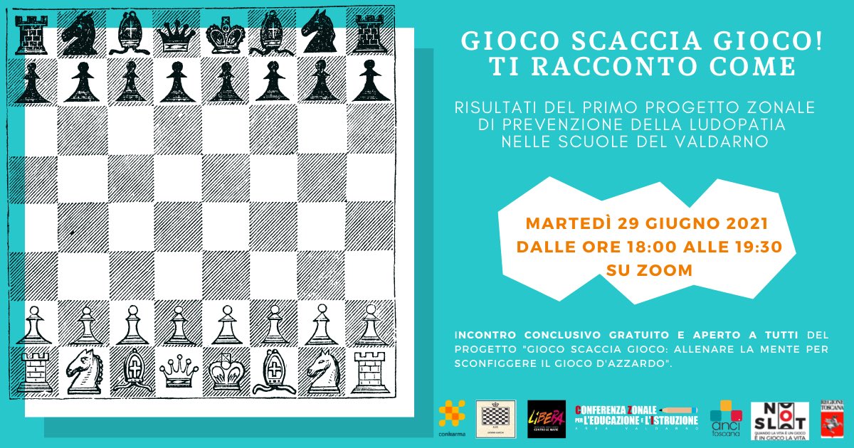 conkarma.it/gioco-scaccia-… 

🟦 Gioco scaccia gioco! Ti racconto come. 

🟧 Martedì 29 giugno 2021 dalle h.18:00 alle 19:30, online su piattaforma Zoom.

🟩 I risultati del primo progetto zonale di #prevenzione della #ludopatia nelle scuole del #Valdarno e di #Livorno.