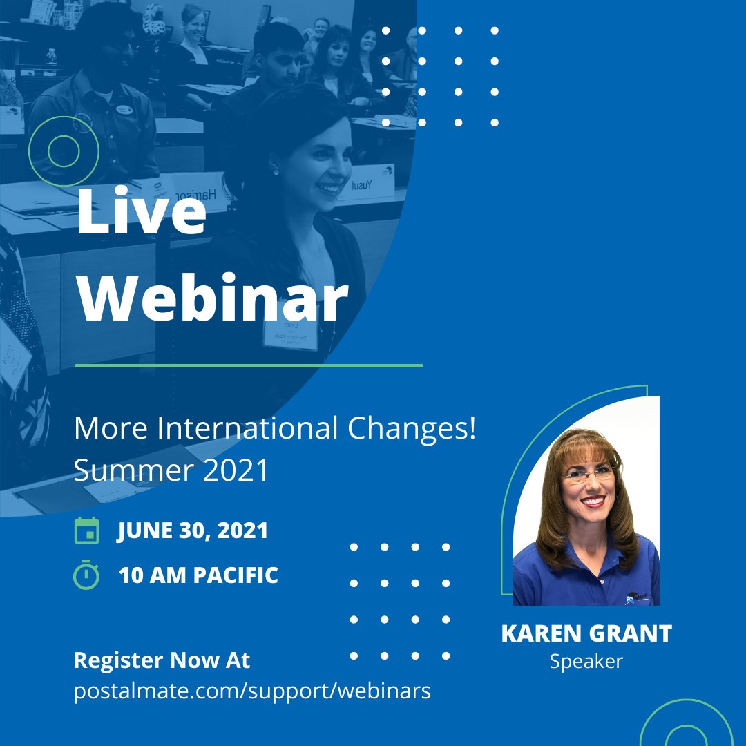 PostalMate's tweet photo. Join us next Wednesday as we review new #international updates! We will also discuss recent messages from #DHL, #FedEx, and #UPS. Head to our website to sign up today! https://t.co/snumatXstz
